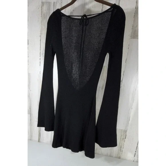 Meshki Zahra Open Back Mini Mesh Knit Dress Semi Sheer XS Black Bell Sleeve NWT - Picture 13 of 14
